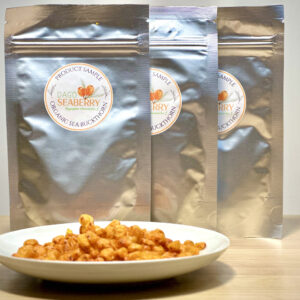 Freeze-dried sea buckthorn berries with Dago Seaberry sample packaging