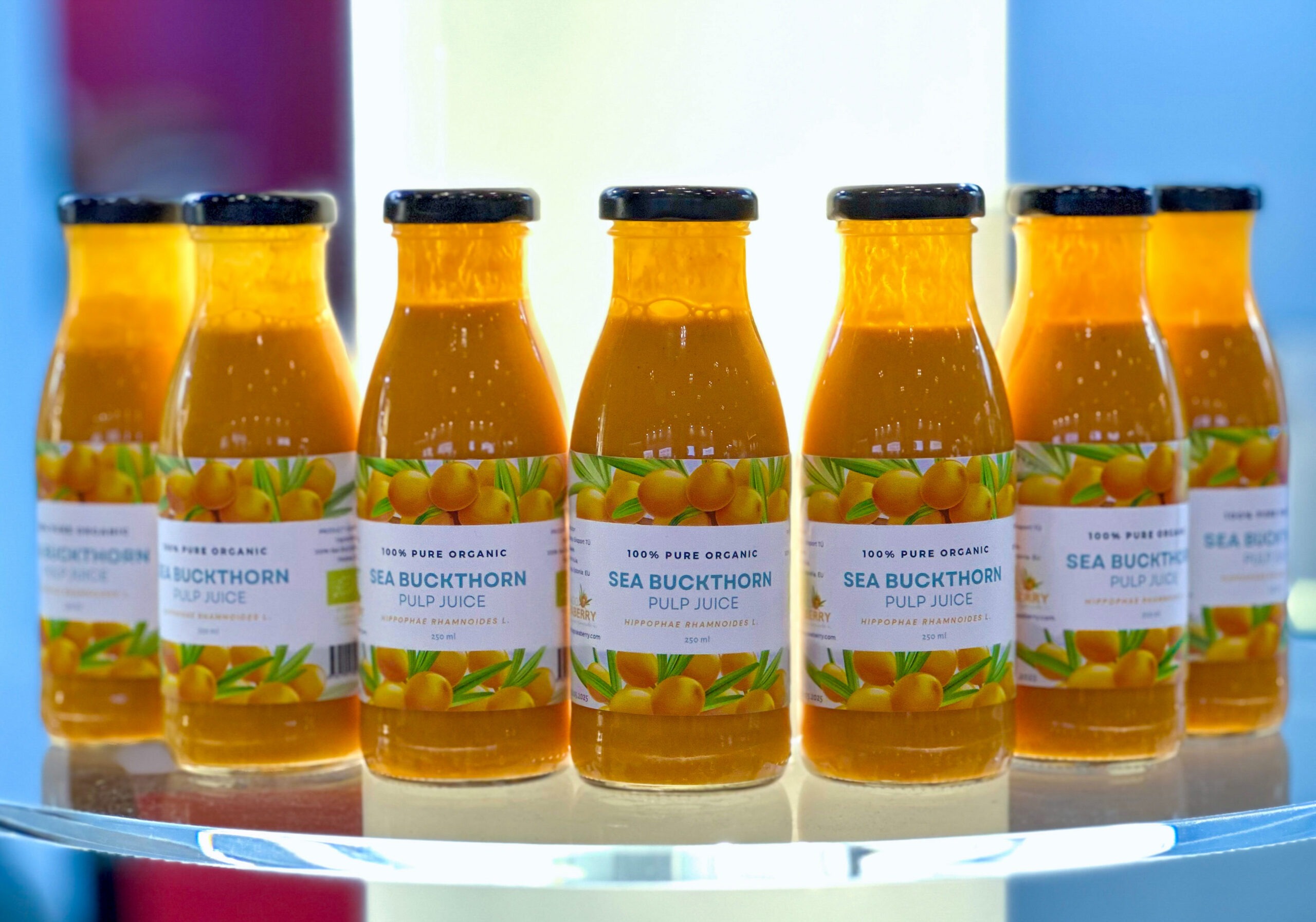 Organic sea buckthorn pulp juice from Estonia – 250ml glass bottles lined up