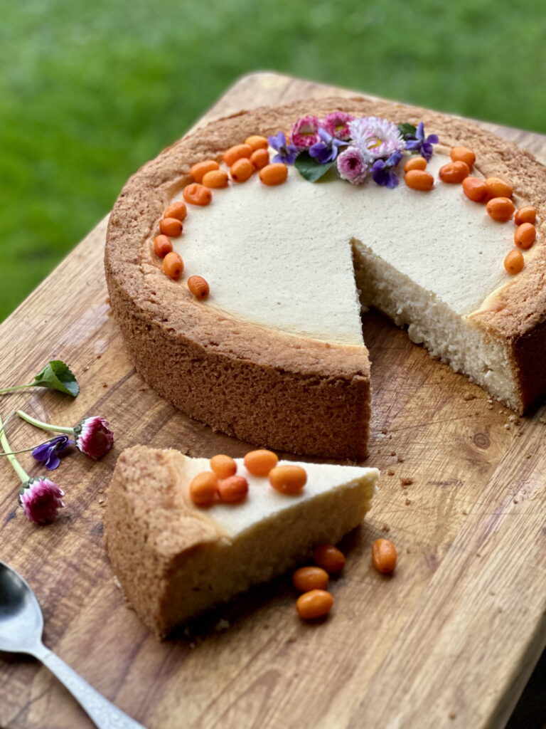 A golden-baked Estonian-style curd cake topped with bright orange sea buckthorn berries on a rustic plate