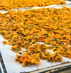 Sea buckthorn skins and seeds spread on trays for drying.