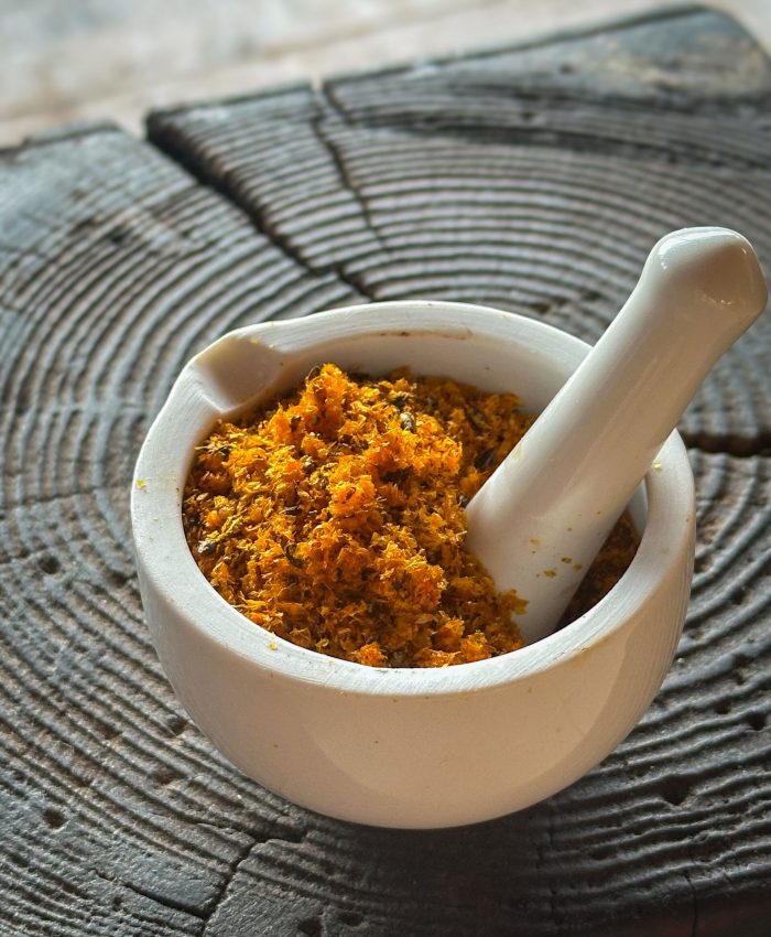 Coarsely ground sea buckthorn meal. Made from dried skins and seeds after juicing. Rich in fiber, color, and natural oils.